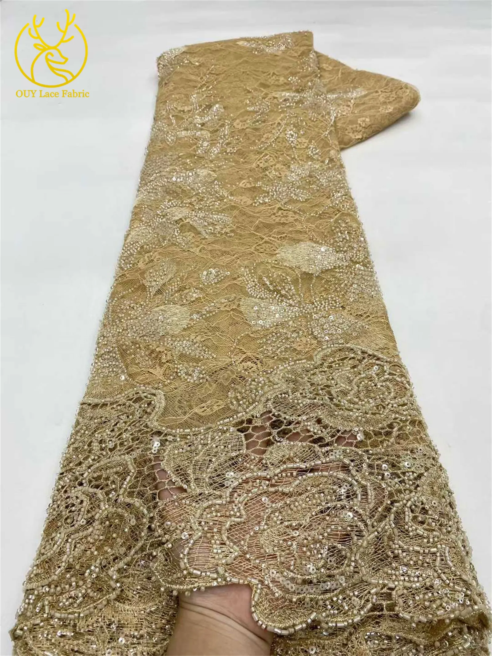Afrikanischer nigerianischer Brautkleidstoff mit Perlen und Spitze 2026 – Hochwertige Pailletten-Stickerei auf französischem Tüllnetz für Hochzeitskleider zum Nähen, 5Y – Detail 4