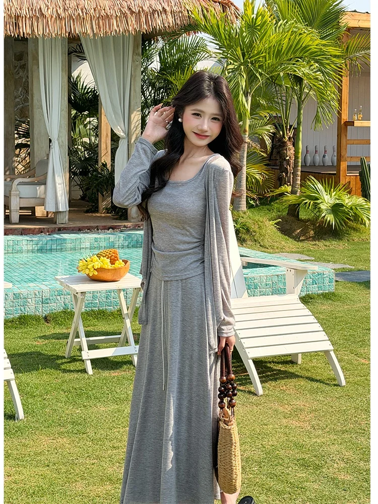 

Slimming Effectiven Small Size Women's Tee-Piece Set Vest Cardigan Skirt Loose Fit Summer Faion Breathable Cotton