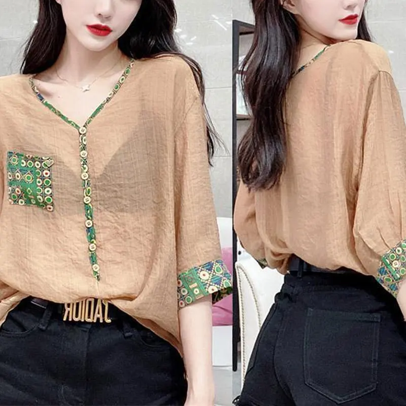 Streetwear Solid Color Fashion Printed Patchwork Blouse All-match Summer Casual V-Neck Button Female Clothing Korean Loose Shirt