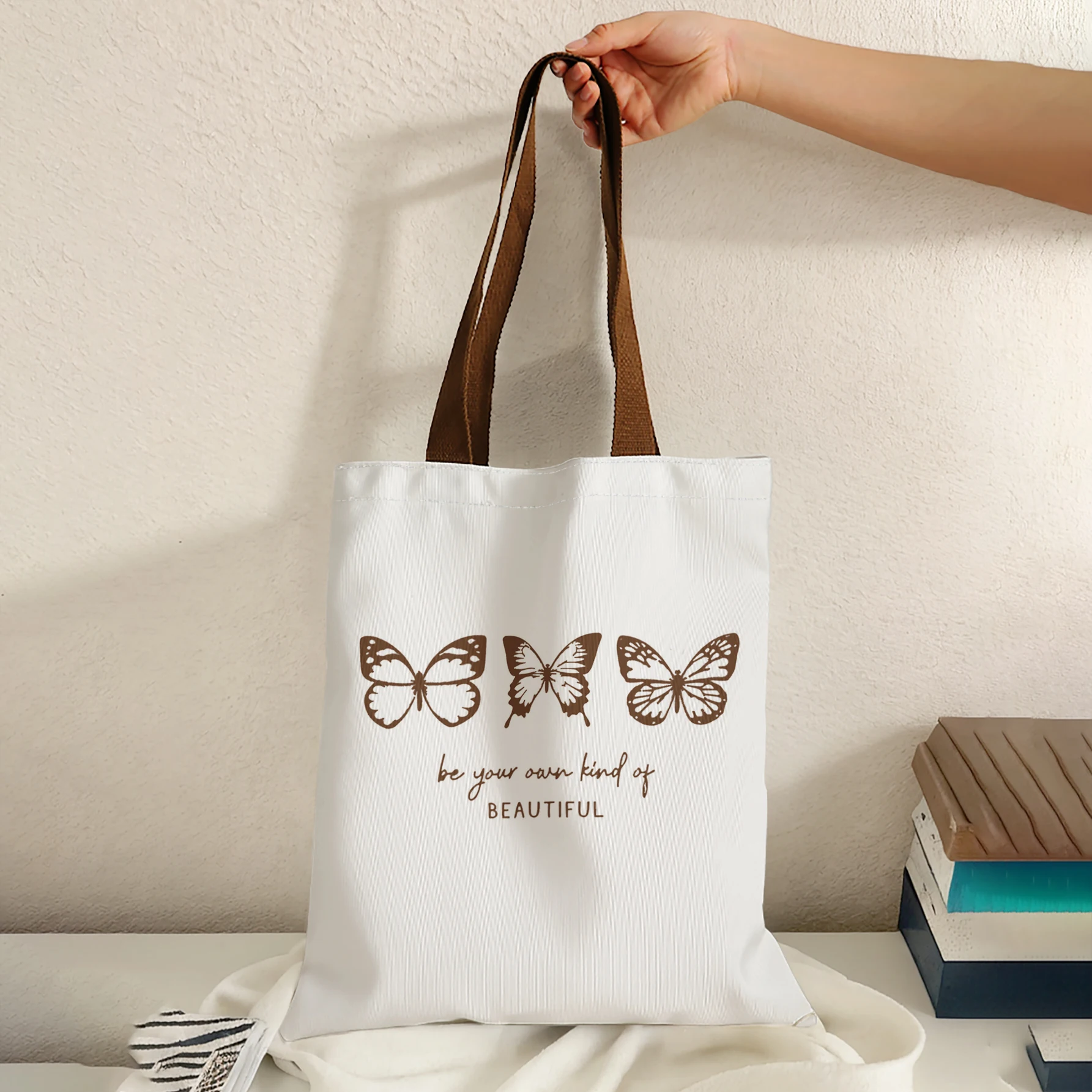 Brown Line Butterfly Inspirational Letter Print Tote Bag Large Capacity Shoulder Bag For Shopping Travel Daily Use