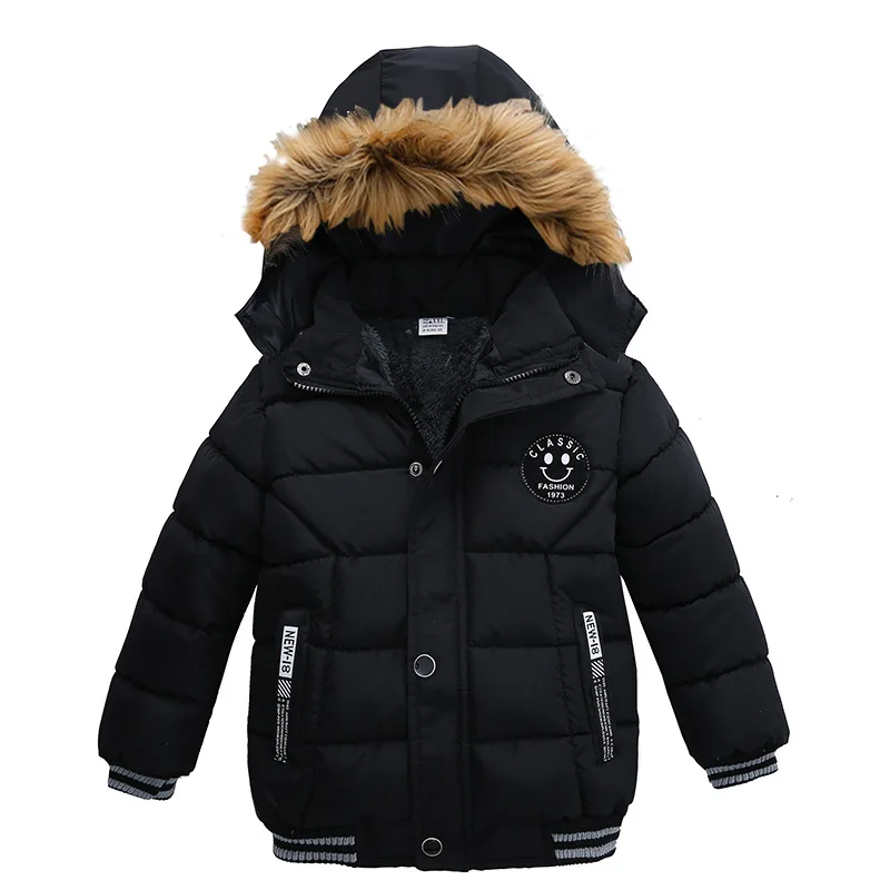 Winter Autumn Thick Boys Jacket New Solid Color Lining Plush Warm Hooded Zipper Coats For 2-6 Years Kids Down Cotton Outwear