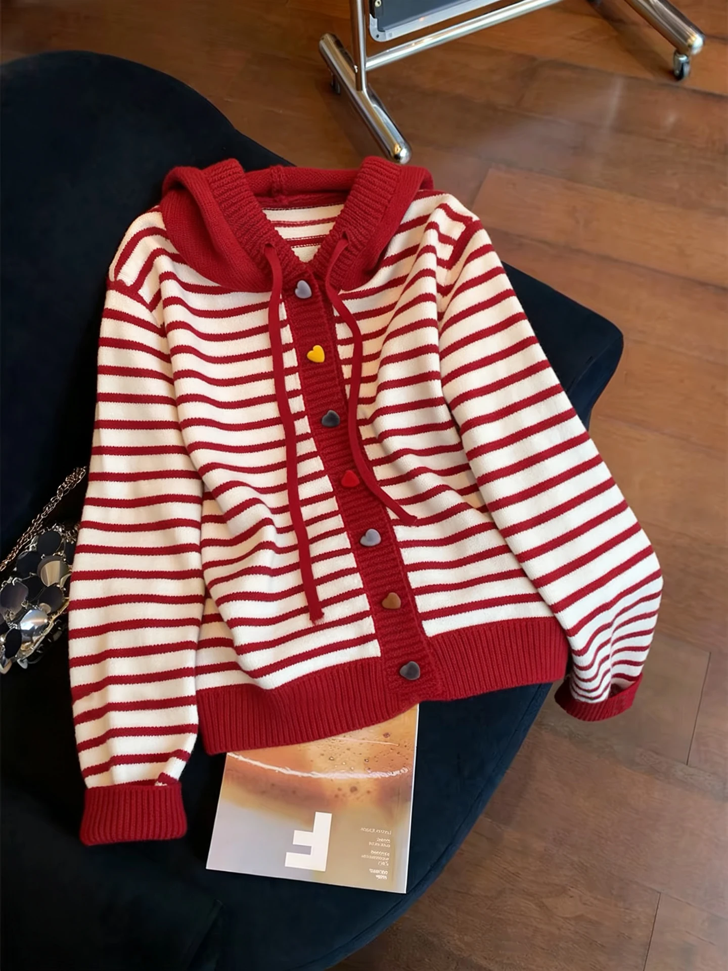 

Vintage Red Color Blo Stripe Hooded Knit Sweater Coat Casual Loose Soft Spring Autumn Wear for Women Long Sve Button up