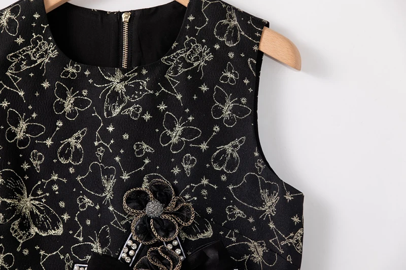 MIUXIMAO 2025 Moda Royal Luxury Jacquard Abiti estivi 3D Diamanti floreali Abito A-LINE Mini abito nero Donna Vestides