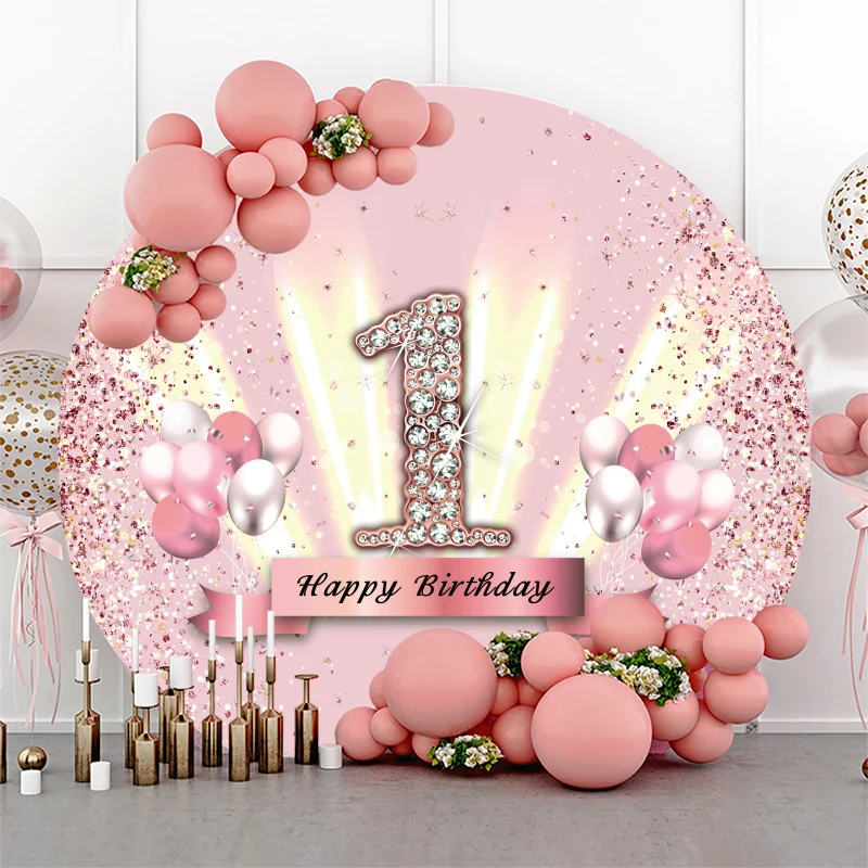 Pink Glitter Sequin 1st Birthday Round Backdrop Nerborn 1 Year Girl Boy Baby Shower Party Decor Circle Photo Background Cover