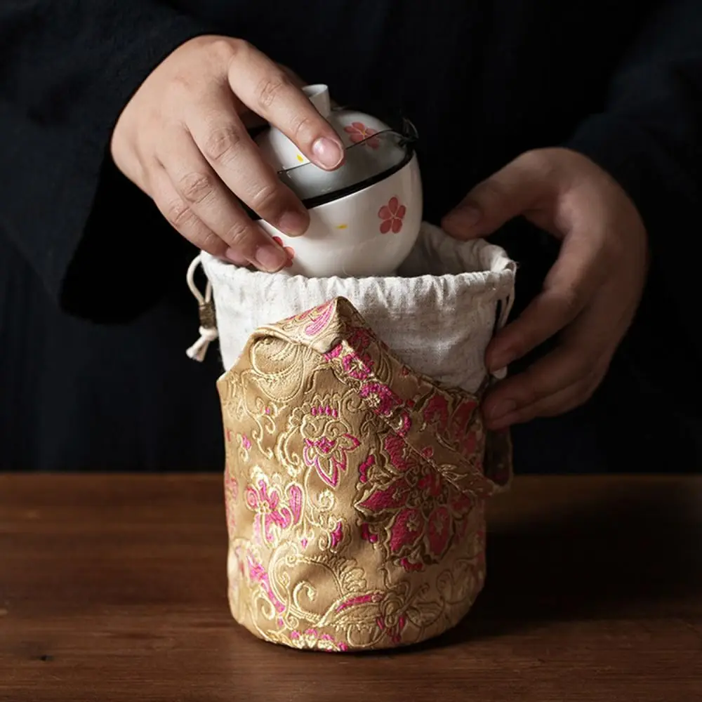 Chinese Stijl Geborduurde Handtas Bloemenprint Handtas Theegereedschap Opbergtas Effen Kleur Klein Item Zakje