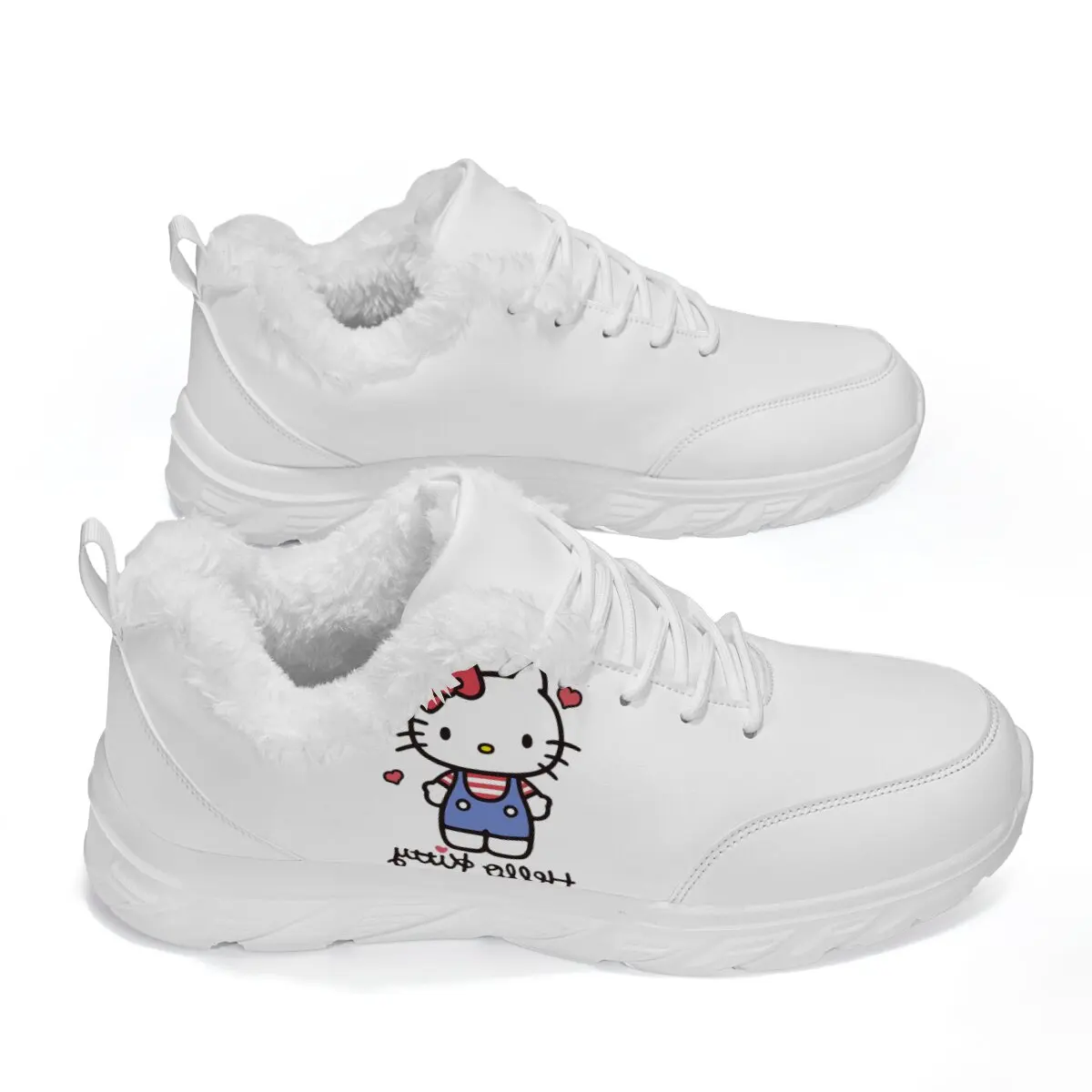 รองเท้าผ้าใบลำลองสีขาวบุขน Hello Kitty สำหรับผู้หญิง พื้นรองเท้านุ่มสบาย ใส่ในบ้านและนอกบ้านได้ เหมาะสำหรับฤดูหนาว รองเท้าแตะคู่รักสุดหรู