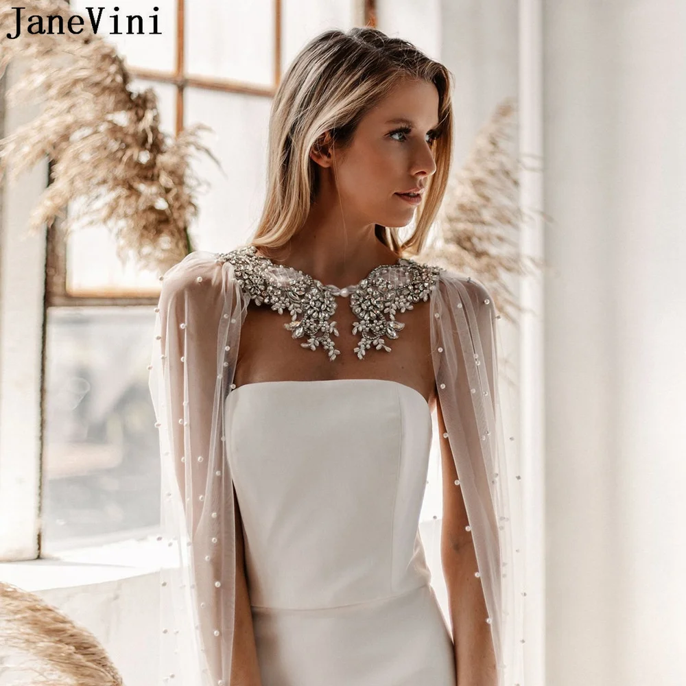 

JaneVini Gorgeous Crystal Pearls Wedding Cape Blanche Arabic Bridal Bolero Dames Tulle Matrimonio Long White Stage Catwalk Shawl