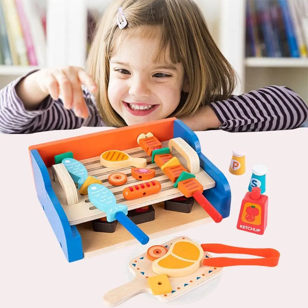 Wooden Play Barbecue Kids Grill Playset With Play Food And Grilling Tools, Play Kitchen Accessories For Toddlers Boys Girls