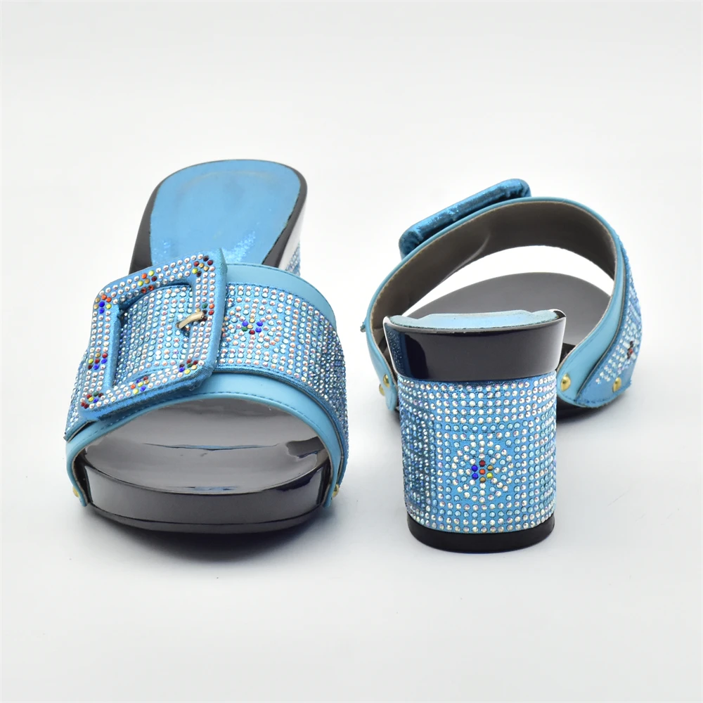 Sky Blue Color Italian Matching Shoe and Bag Set Ladies Italian Shoes and Bag Set Decorated with Rhinestone Nigerian Women Shoes