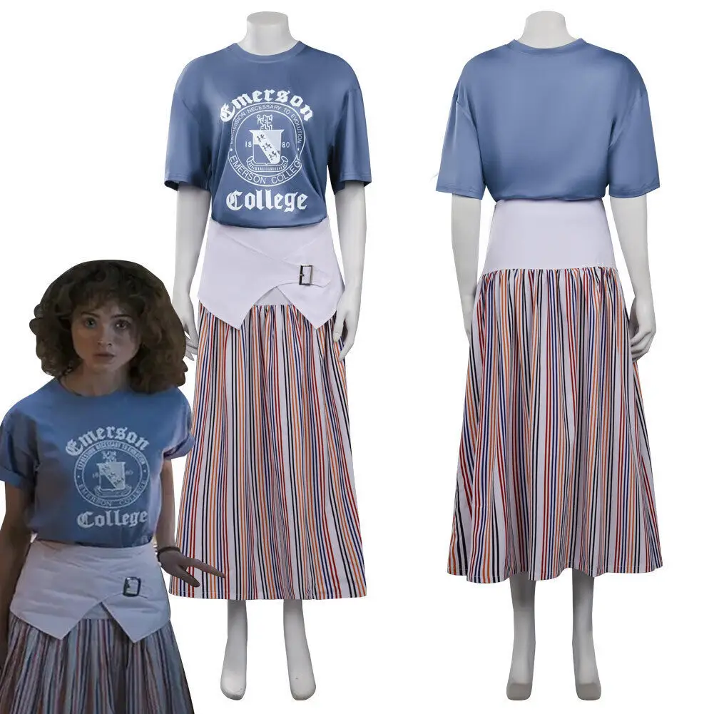 

Things Season 4 Cosplay Nancy Wheeler Costume Women Girls Blue T-Shirt Vertical Striped Long Skirt Suits Halloween Party Outfits