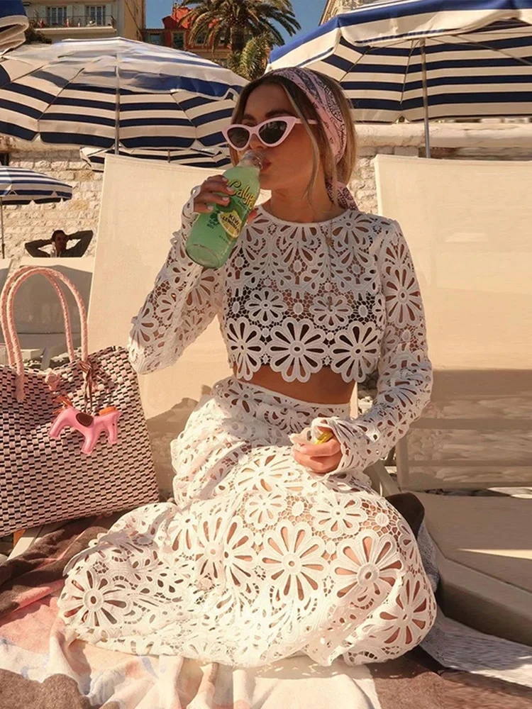 

Elegant See Through Crochet Top Women Set Hallow Out Flare Long Sleeve Top Slim Empire Hip Package Skirts Summer Lady Set