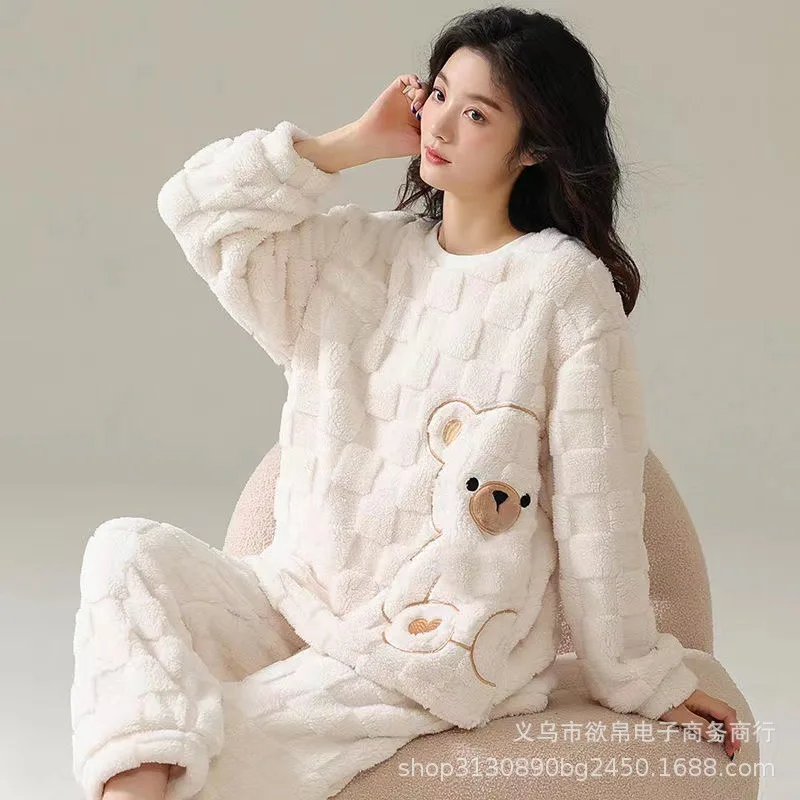 Womens Autumn Winter Warm Coral Velvet Pajamas Set Cute Cartoon Sleepwear Loose Top and Elastic Waist Pants Homewear PJ for Girl