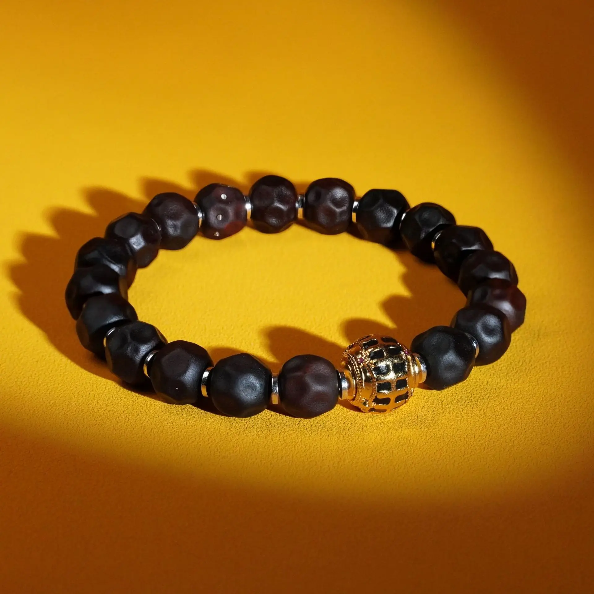 Chinese Traditional Taoist Style Lucky Big Dipper Design Bracelet Natural Thunder Struck Jujube Wood Silver Inlaid Fortune Bless