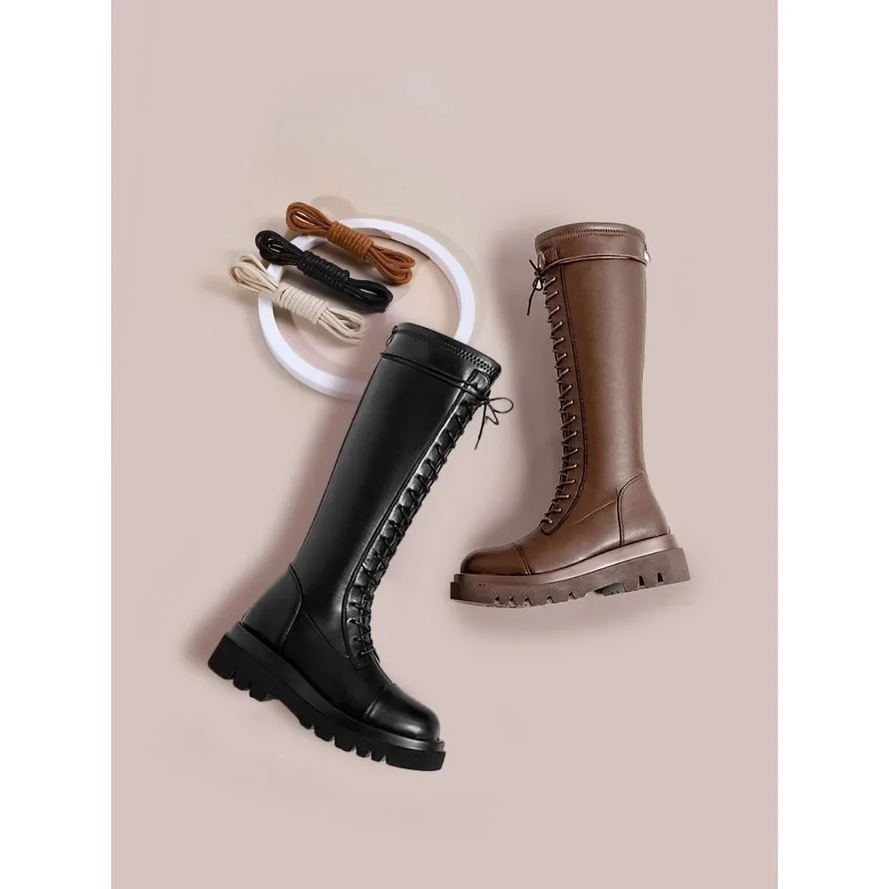 Boots Lengthened Overknee Boots Knight Boots Leather Shoes Men and Women Creamy-white Black Brown Waxing Shoelace round