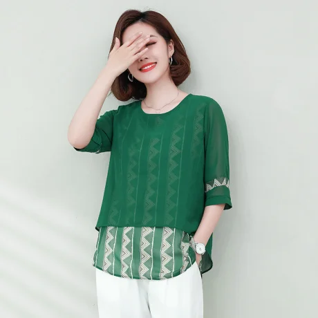 

Digital Print Geometric Pattern Splice Seven Sve irt round Ne Women's Casual Breathable Lightweight Polyester Fiber