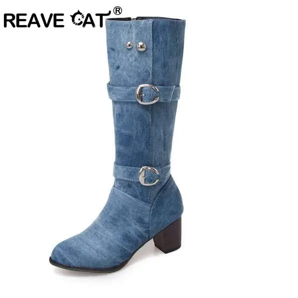 

REAVE CAT Women knee boots blue jeans cowboy booties chunky zipper buckle denim shoes mid-calf boots Lady shoes big size 44 46