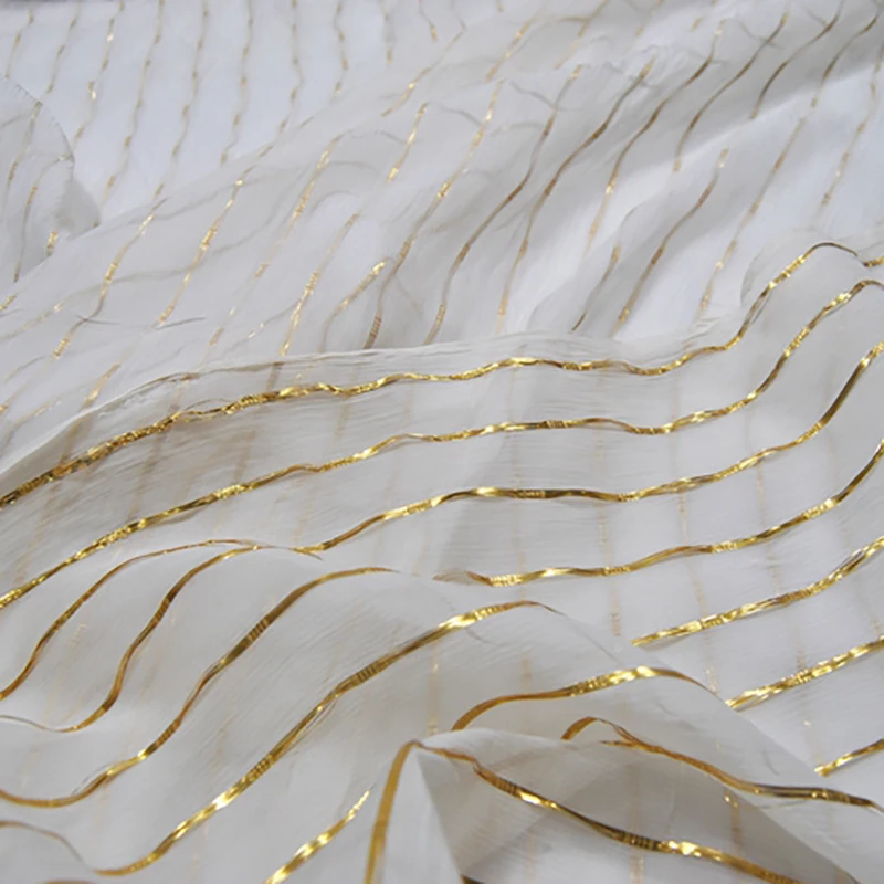Stripe Gold Yarn Silk Georgette Chiffon Metallic Jacquard Shiny Fabric For Dress Scarf