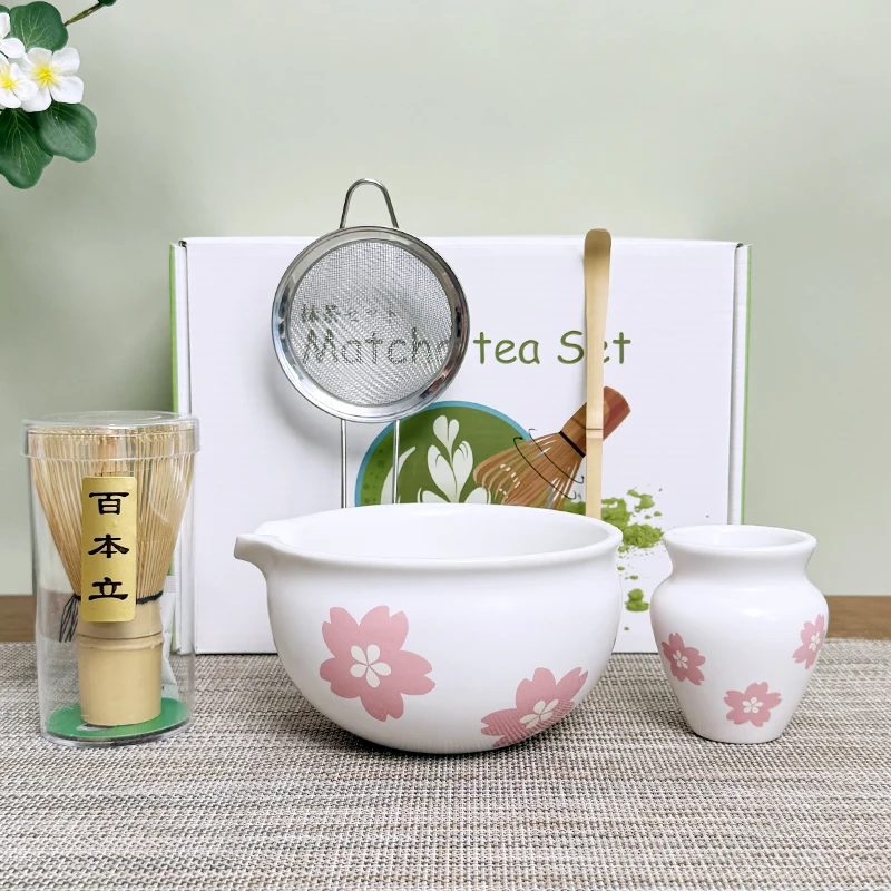 

5pc Matcha Set Matcha Kit Japanese Cherry Blossom Matcha Whisk Set With Tea Canister Matcha Bowl 100Prong Whisk Tea Scoop Brush