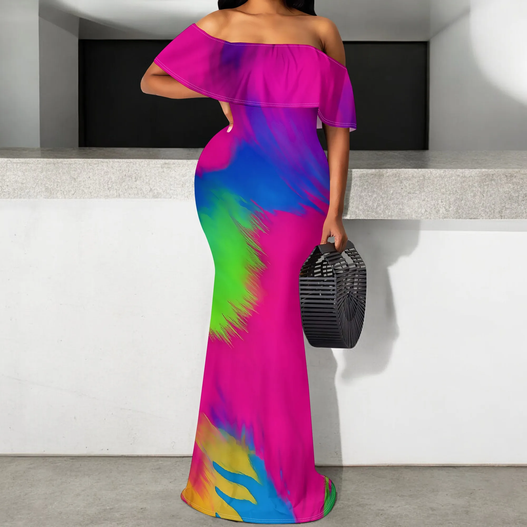 

Pink Color Splash Maxi Dress S-3XL Off Shoulder Ruffle Style for Summer Party, Afro Streetwear or Art Festival Look