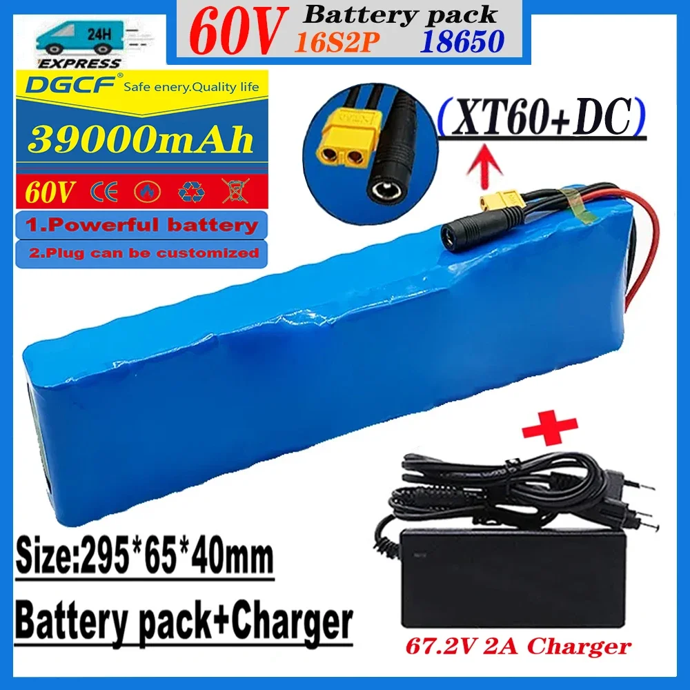 60v Electric Bike Scooter 18650 Lithium Ion Battery Pack New 60V 39000mAH 39Ah 16S2P E-Bike With BMS + 67.2V Charger