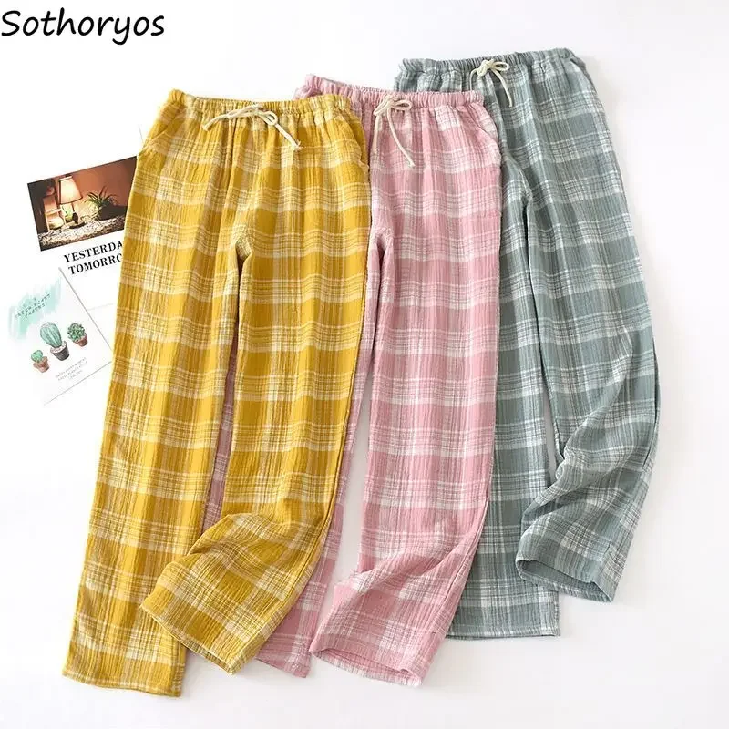 

Women Long Sleep Bottoms Plaid Couples Vintage Straight Trousers Spring High Waist Sleepwear Soft Homewear Lounge Elegant Tender