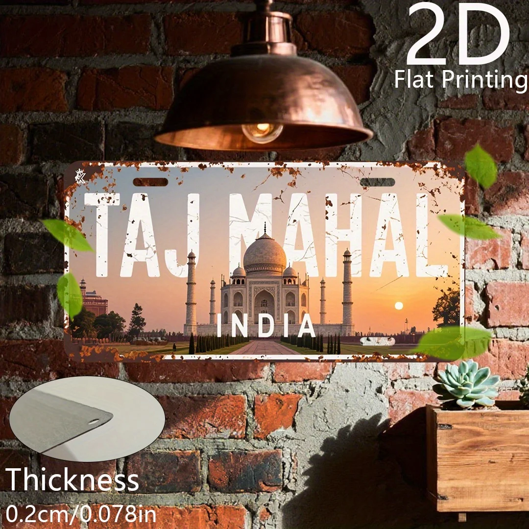 Vintage Rustikales „TAJ MAHAL INDIA“ Sonnenuntergang-Szenerie Distressed Nummernschild 2D Flaches Aluminium-Blechschild Wandkunst-Dekoration für Indische Reise-Liebhaber