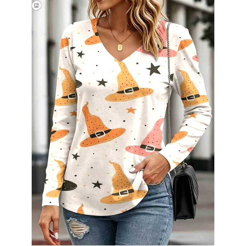 Halloween-Themed Women's Long-Sleeve Printed Collared Shirt Suitable for Everyday Casual and Work Wear