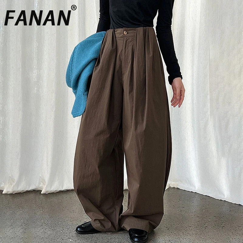 

FANAN Vintage Pleated Wide Leg Pants For Women Drawstring High Waist Straight Loose Trousers Casual Clothing 2025 Autumn New