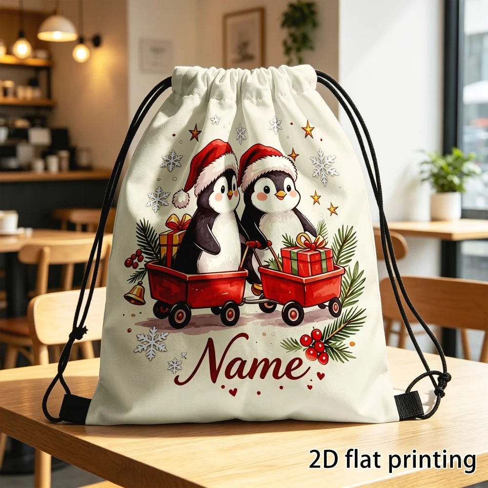 1Pc Christmas Theme Custom Text/Name Drawstring Backpack, Personalized Christmas Gift Storage Pouch, Drawstring Closure Design