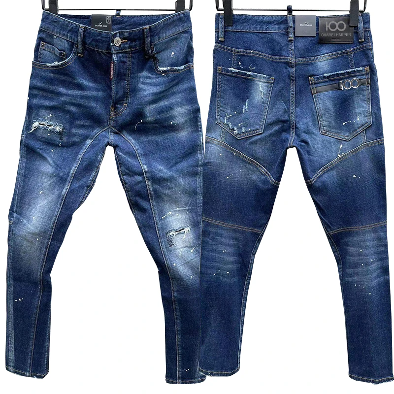 100 charareiharper t162 men's jeans Ripped ink-dot cotton stretch slim fashion hand-painted street style men's pants