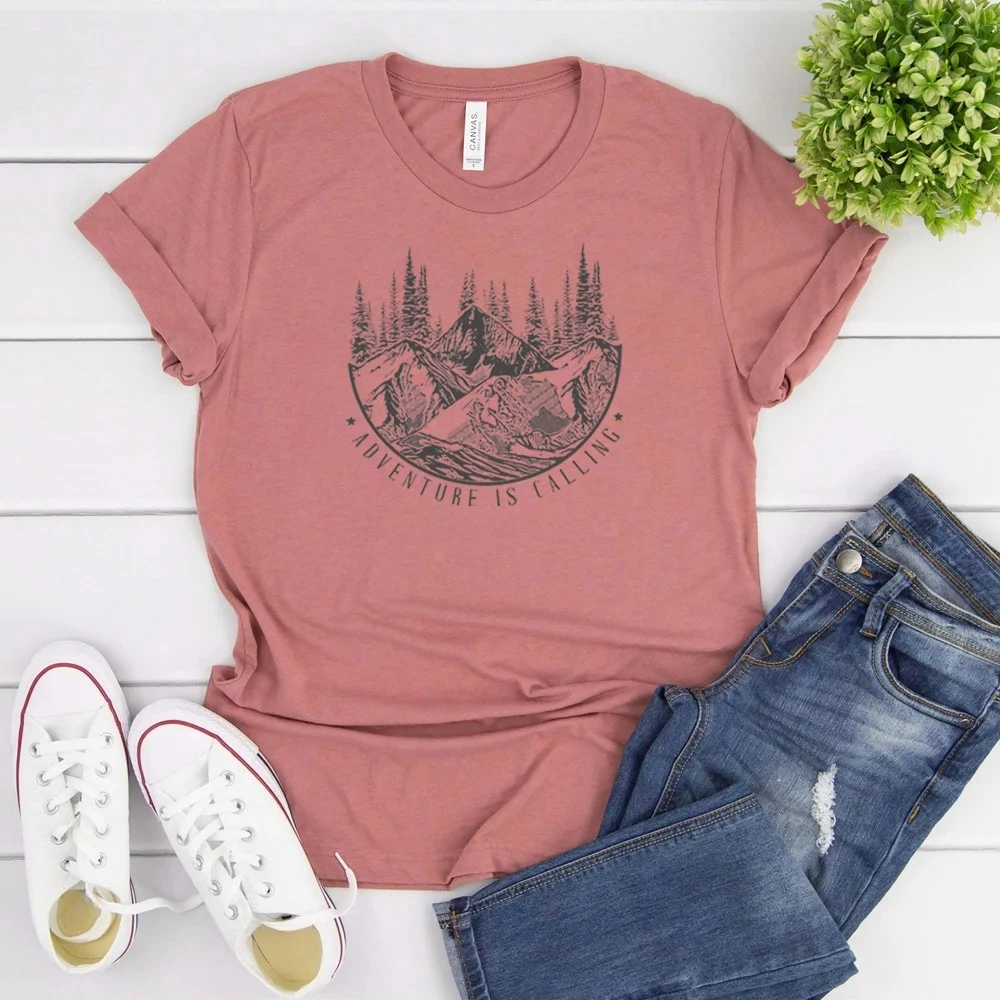 New Arrival Hiking Tees Adventure Is Calling Shirt Mountain Themed T Shirt Outdoor Shirts Wilderness Graphic Tee Forest Tops