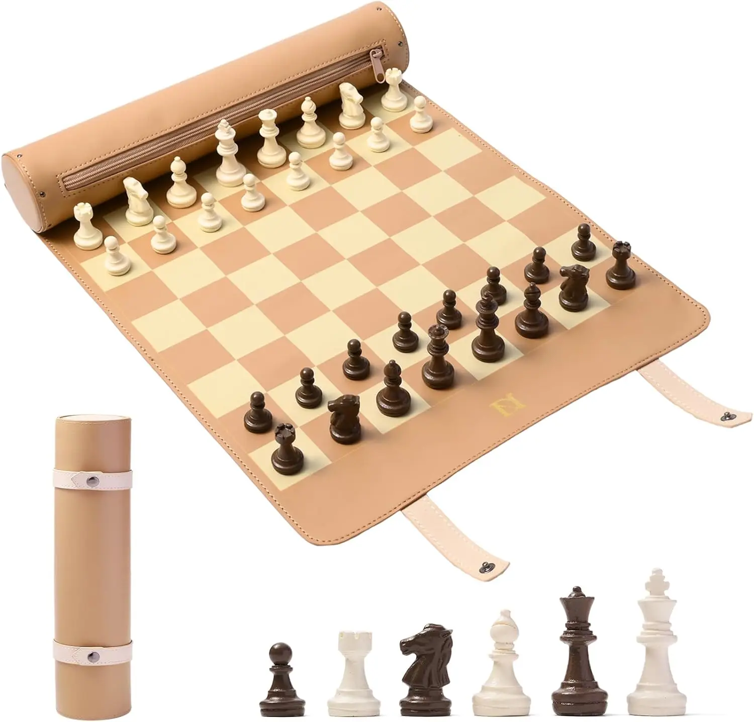 

Portable Roll-Up Chess Set with Resin Pieces, Compact Foldable Travel Game for Adults & Kids - Brown Leather Mat