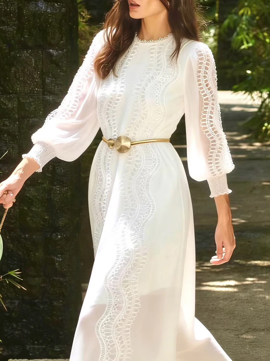 Sukienka damska VGH Solid Gentel Style, patchworkowa, z metalowymi szarfami, dekolt okrągły, rękawy typu lampion, prześwitująca koronka, elegancka, długa, nowa.