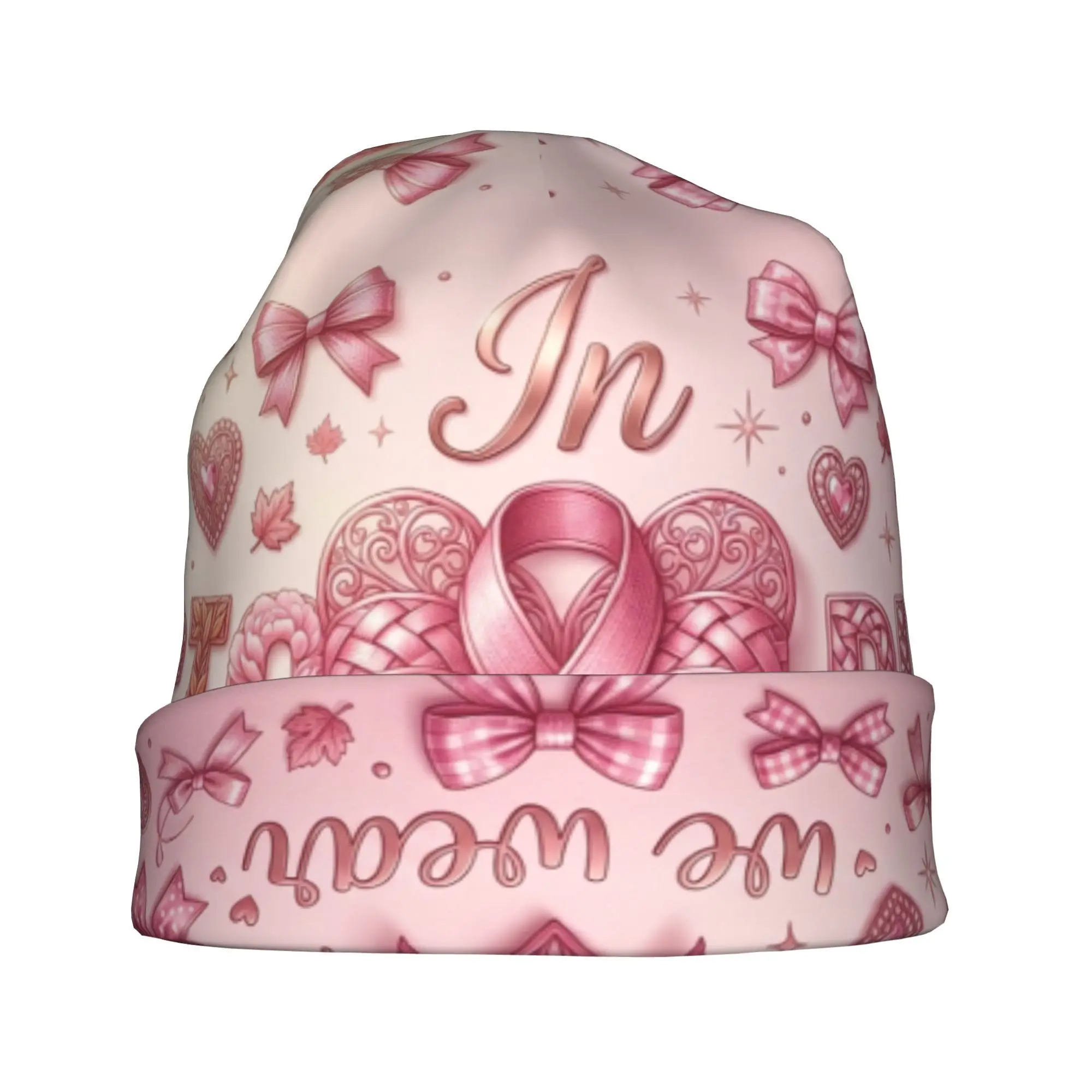 Pink October Raise Awareness Skullies Beanies Caps Pink Ribbon Heart Bow Art 2D Flat Printing Thin Hat Autumn Spring