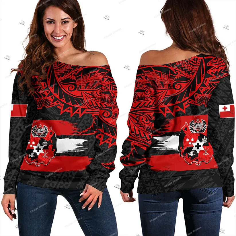Custom Name Polynesian Country Tonga Hight School Tattoo 3DPrint Casual Harajuku Women Off Shoulder Sweatshirts Long Sleeves X2