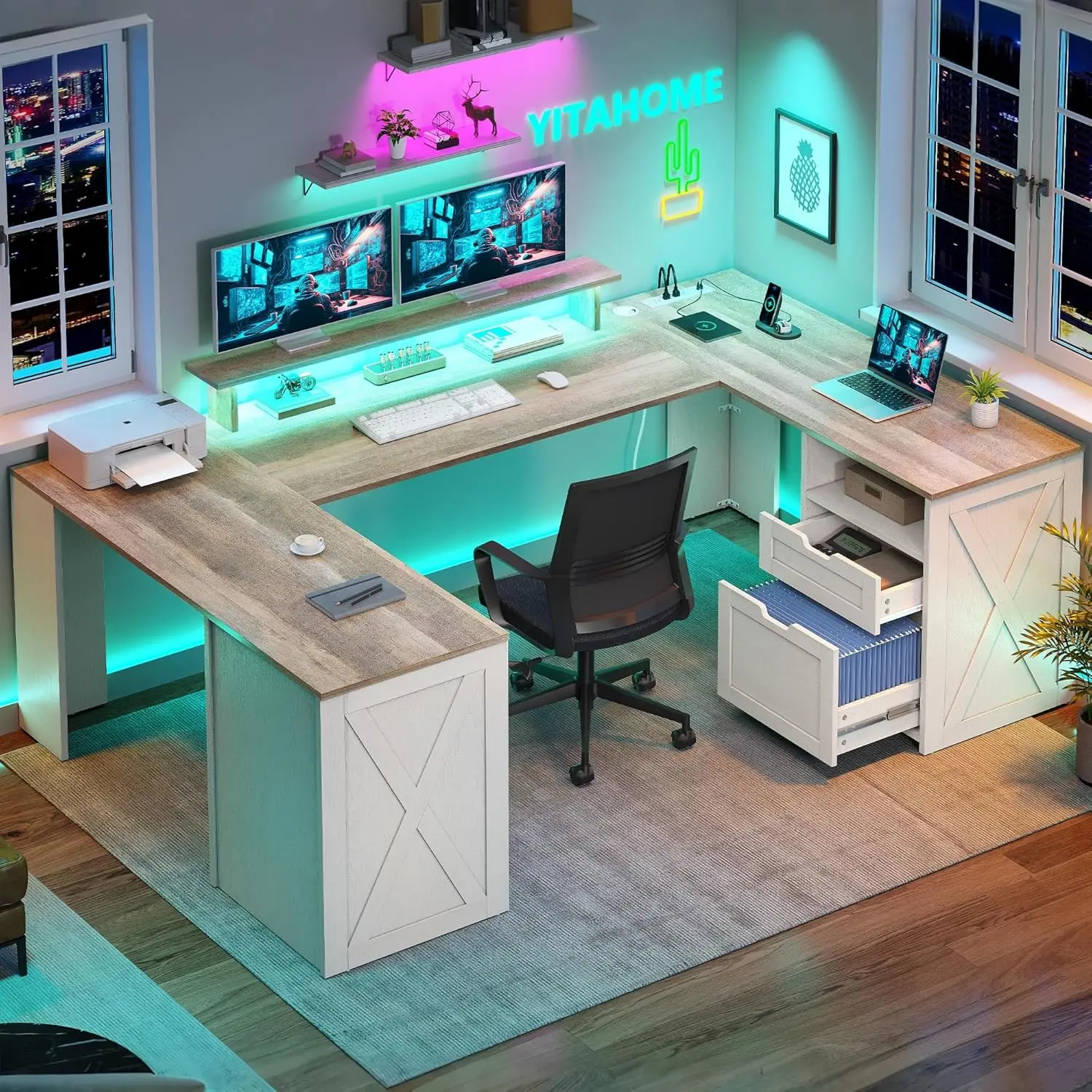 

U-Shaped Desk with Outlet & LED Lights, Farmhouse Wood Desk with Drawers, Monitor Stand & 5 Shelves, Grey Wash