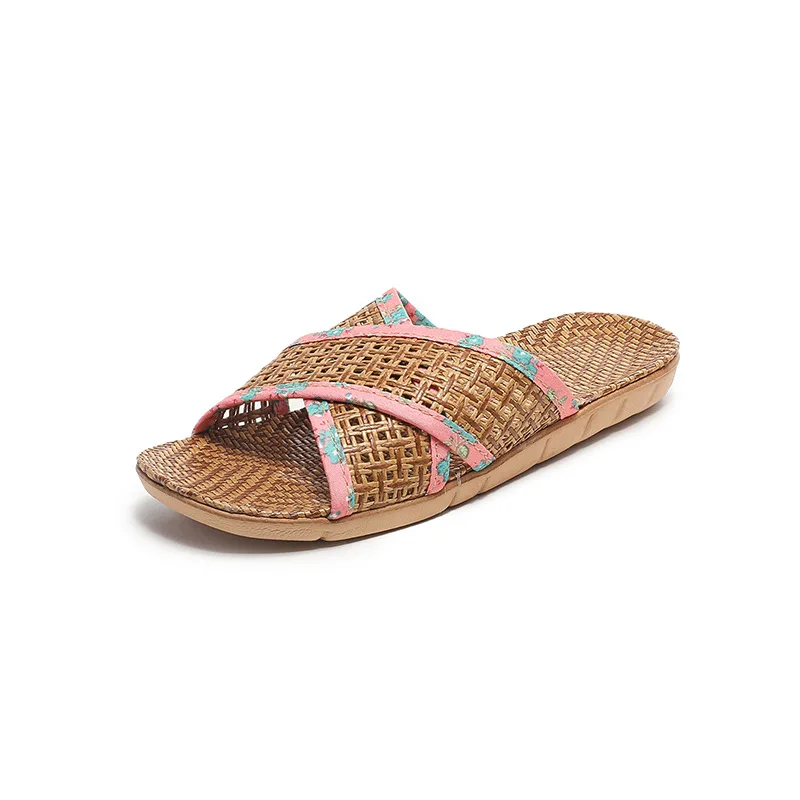 2023 new fashion woven slippers summer female indoor floor home with non-slip couple linen straw mat bamboo slippers