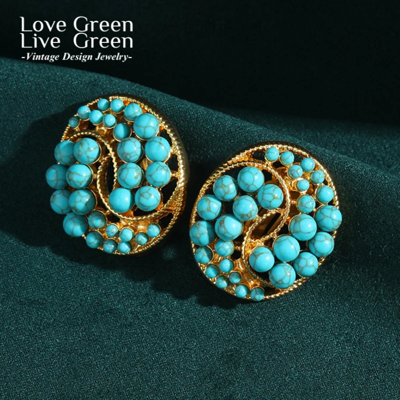 

Vintage Turquoise Jewelry Earrings Stud Blue Natural Stone Round For Girls Woman Luxury High Quality Designer 2025 Trend New In