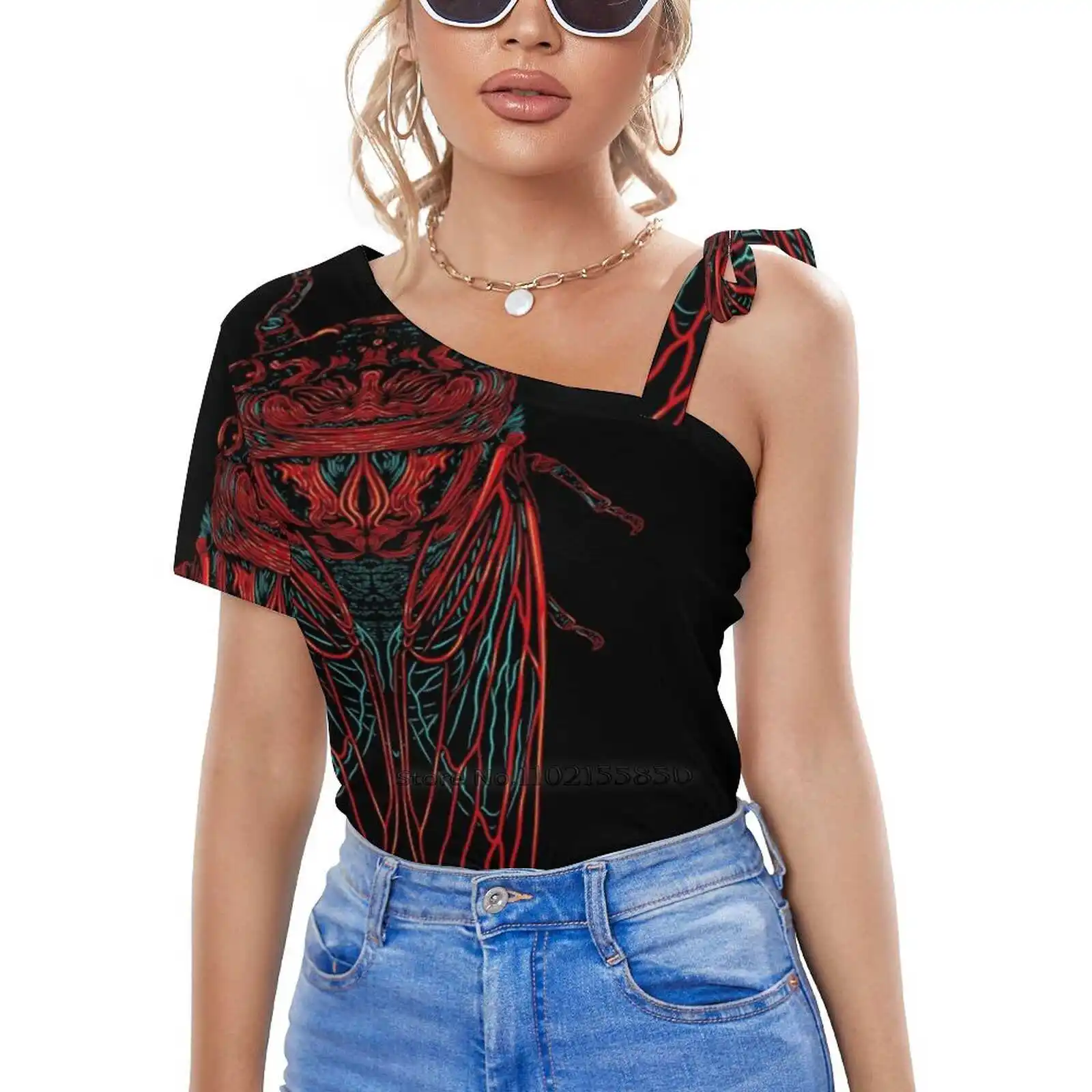 Cicada Women'S T-Shirt Casual Short Sleeved Tops V-Neck Zipper Tee Ladies Loose T Shirts Cicada Insect Flying Bug Winged Y2K