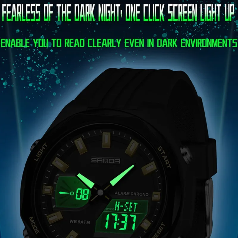 SANDA 더블 디스플레이 스포츠 시계 남자 빛나는 다기능 방수 여성 손목 시계 야외 실행 학생 알람 시계