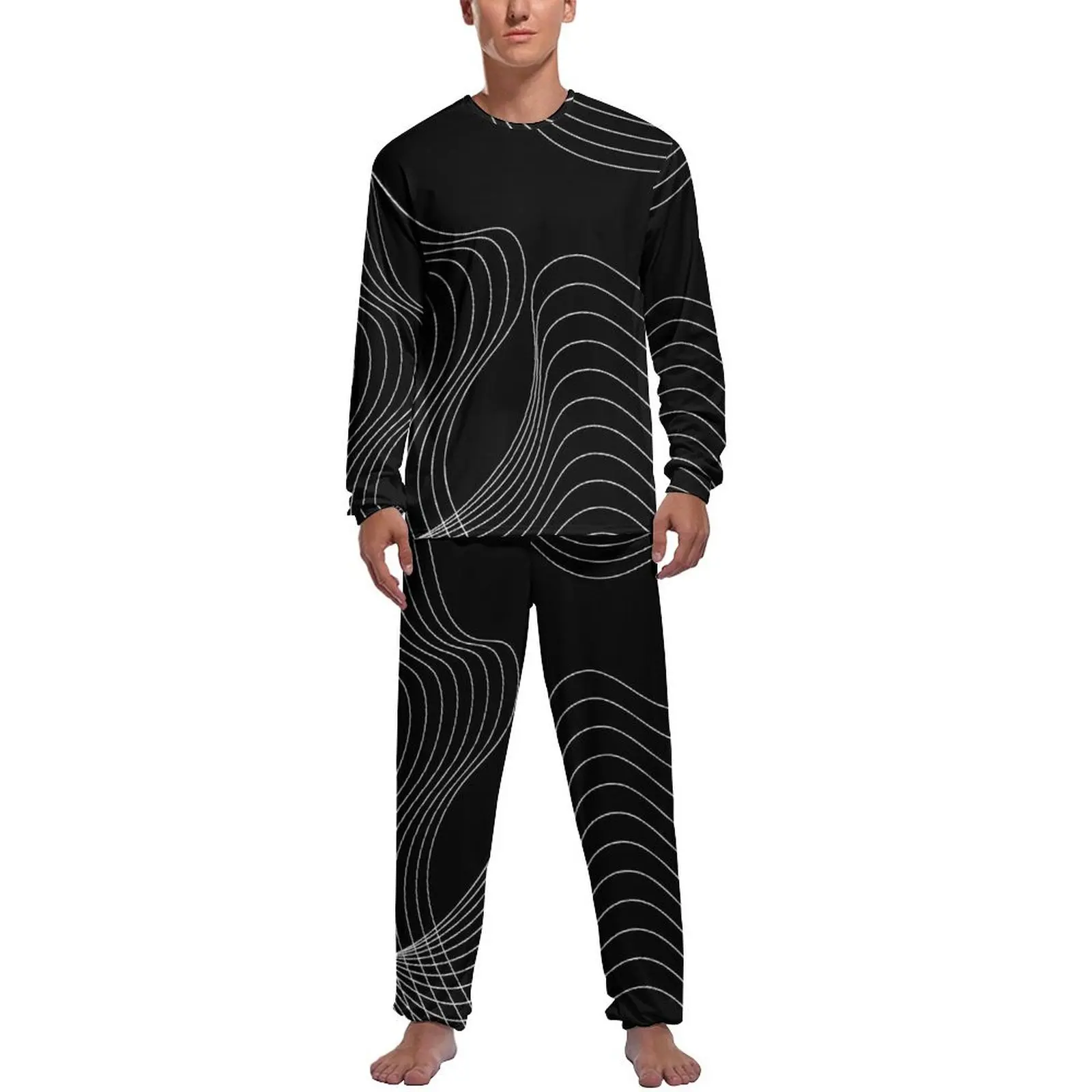 

Striped Print Pajamas Autumn Wave Abstract Lines Leisure Nightwear Male 2 Piece Design Long Sleeves Cool Pajamas Set