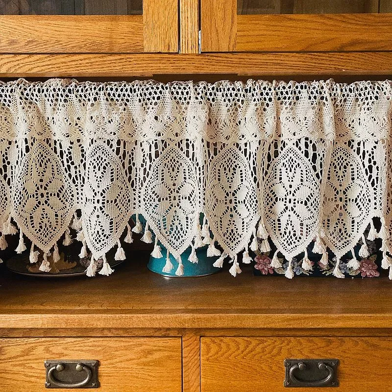 Rustic Crochet Short Curtain Cotton Linen Splicing Hollow Vintage Half Curtain for Kitchen Door Decor Cafe Window Drapery