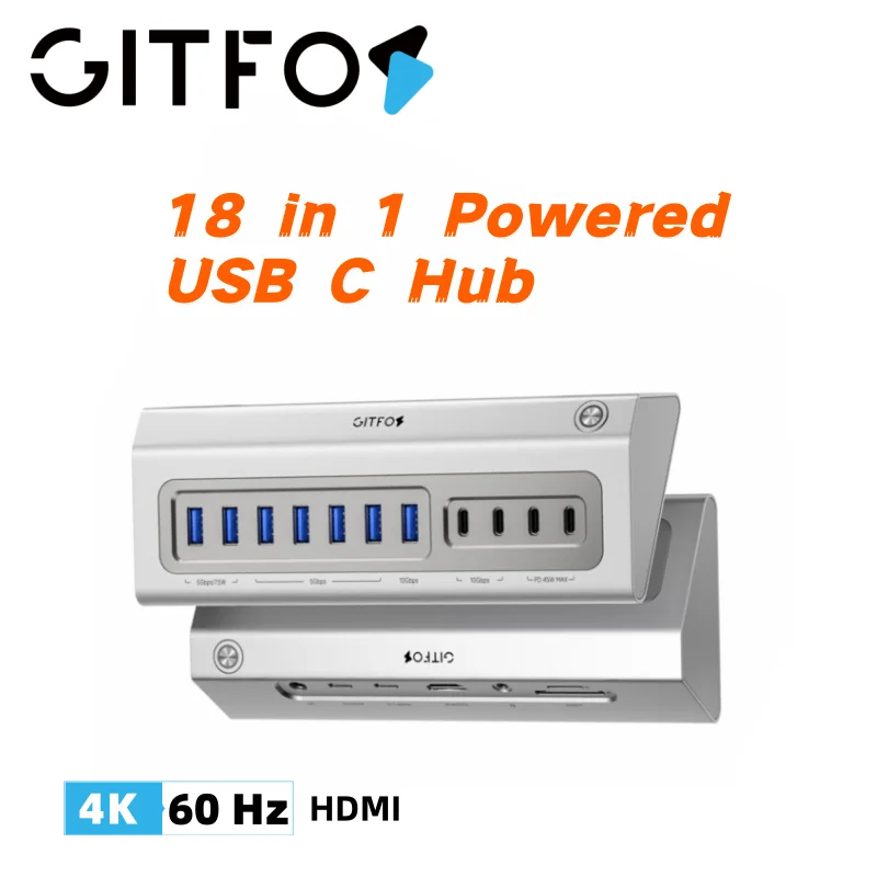 Giftos USB Hub, 18 in 1 USB 3.2 Hub with 4K HDMI,PD 100W,45W Charge,10Gbps USB, for Laptop,Mac,iPhone 17/16,iPad