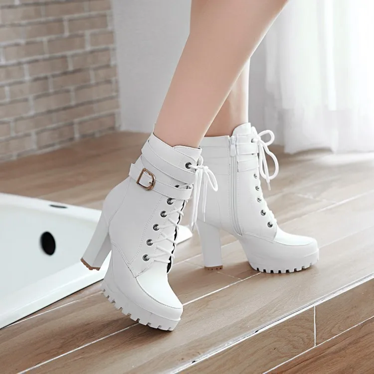 Scarpe donna stivali da moto autunno inverno stivali da donna 2024 eleganti stivaletti da donna piattaforme con tacco alto Sexy Botas Buckle White