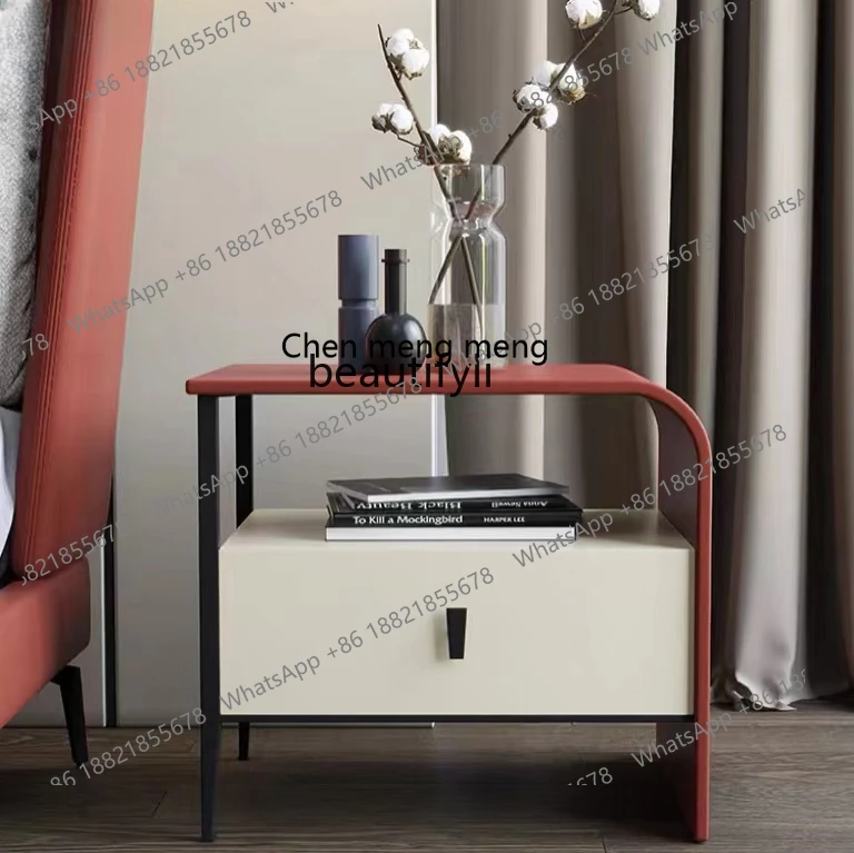 Bedside Table Color Matching Color Contrast Solid Wood Drawer round Edge Hanging Design Light Luxury Modern Minimalist