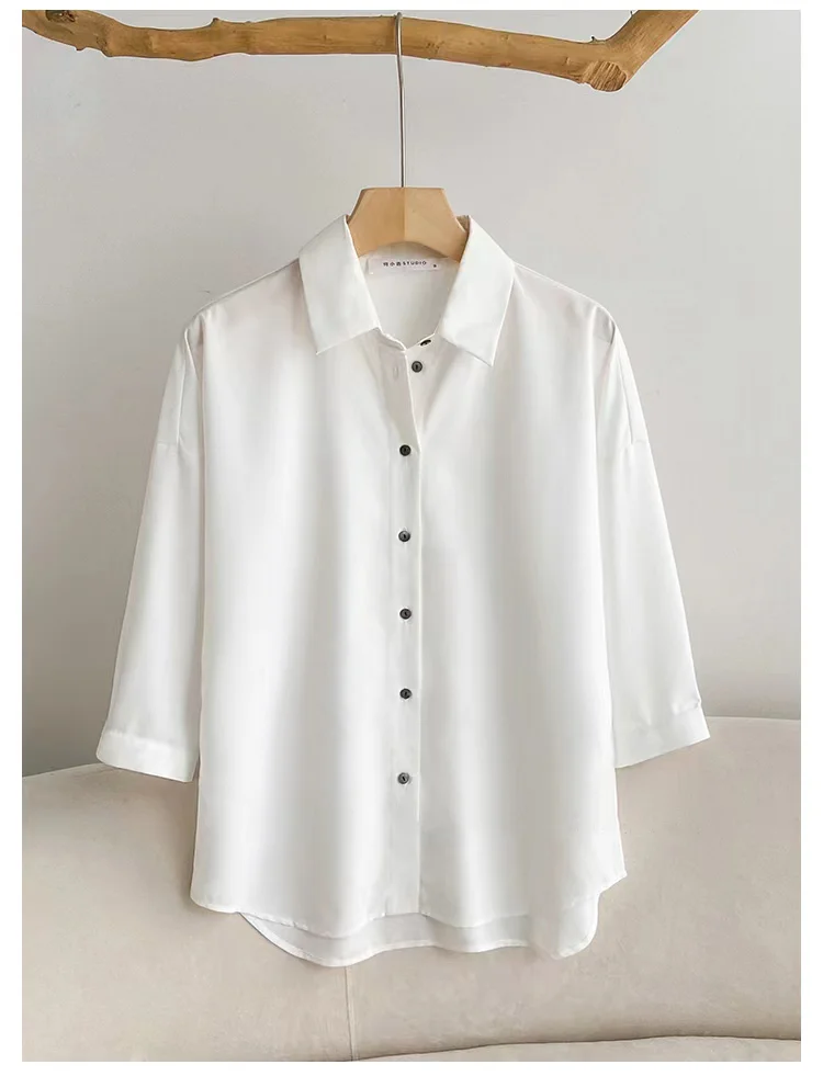 

Свободный белый f Sve irt, женский летний дизайн, простой воротник-стойка на пуговицах, прямой крой, смесь полиэстера irt