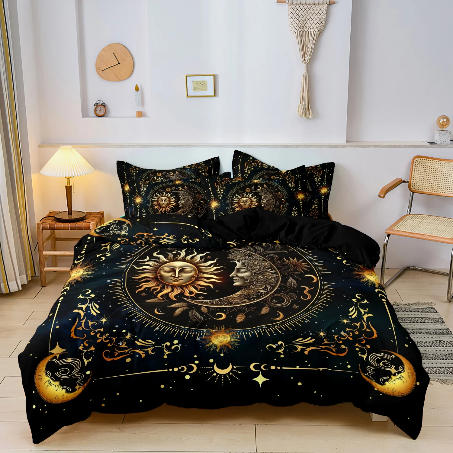 Black Dark Blue Starry Golden Sun Moon Face Print 3Pcs Duvet Cover Set, Bohemia Celestial Star Floral Ornament Print Bedding