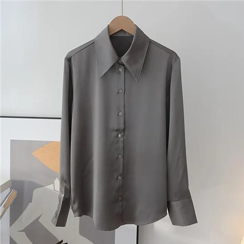 2024 Women New Satin Surface Lapel Collar Chiffon Shirt Spring Pointed Collar Long Sleeved Loose Solid Color Fashion Casual Tops