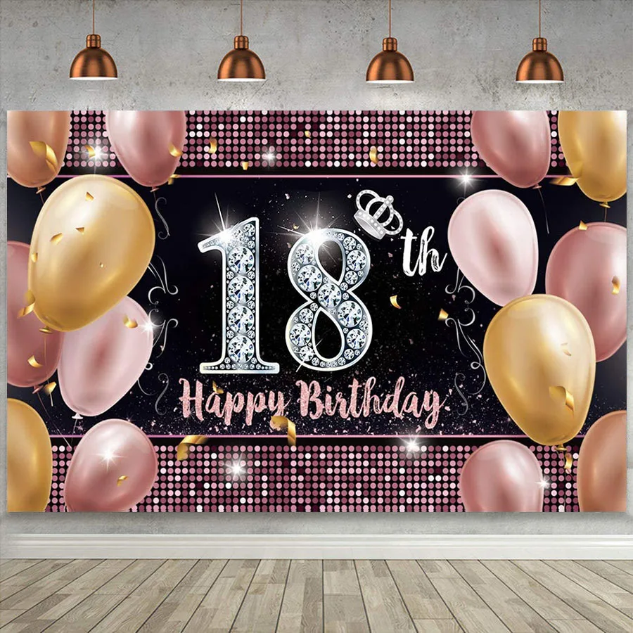 

Happy 18th Birthday Pink Rose Gold Photo Balloon Party Supplies Poster for Girls Women 18 Bday Photo Backdrop Background Banner