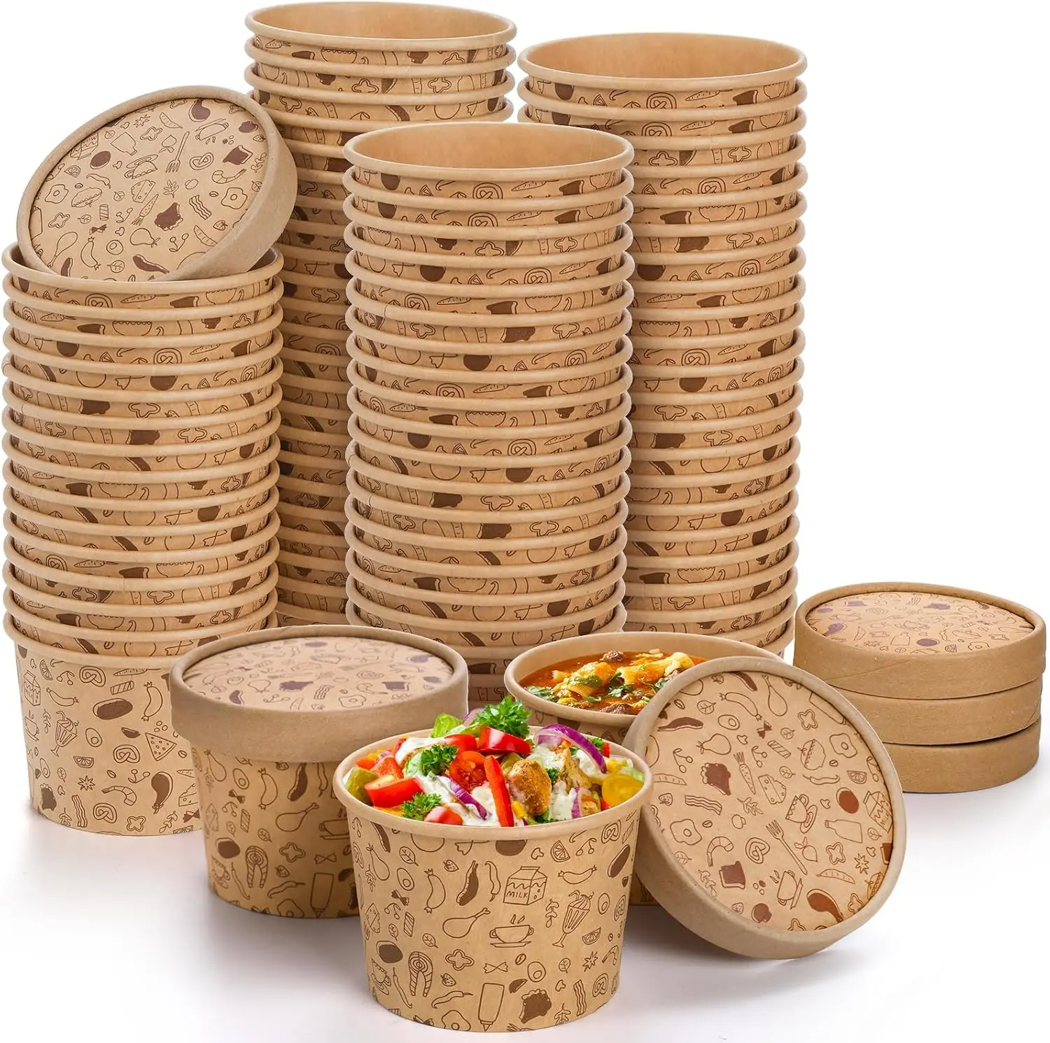 

50 Pack Paper Containers with Lids, To Go Paper Soup Container, Disposable Kraft Food Cup for Hot or Cold Soup, Ice Crea